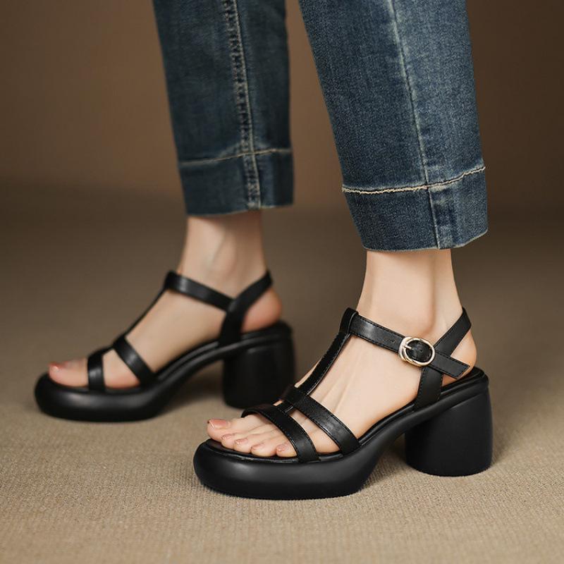 Summer Square Heel Buckle Platform Women's High-heeled Sandals New Casual Solid Color Roman Sandals Rubber Soft-soled Women's Shoes