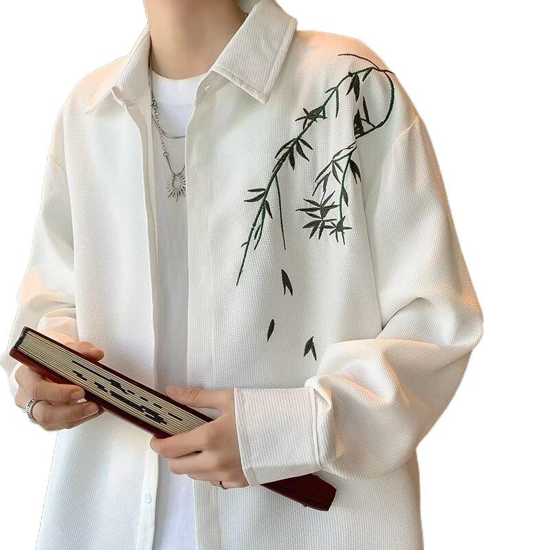 White shirt men's long sleeved spring and autumn new Chinese retro style