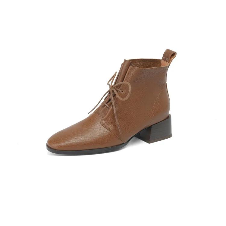 Fashion NEW Autumn Women Boots Square Toe Chunky Heel Boots Genuine Leather Shoes for Women Lace-up Ankle Boots Elegent Winter Boots