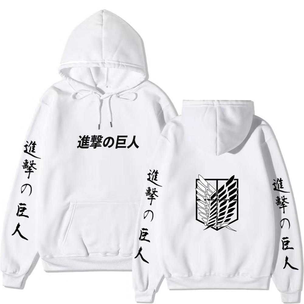 Attack on Titan Unisex Fleece Hoodie Front Japanese Text, Back Wings of Freedom Logo Autumn Winter Casual Pullover