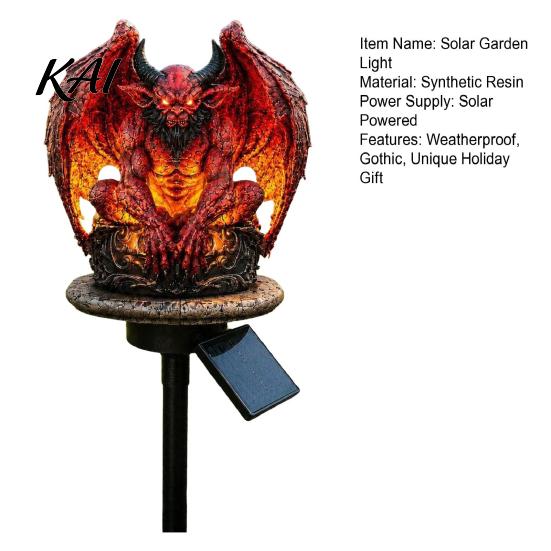 Gothic Demon Yard Ornament Dragon Solar Garden Light, Outdoor Gargoyle Statue with Warm LED Lighting, Halloween Cemetery Decoration Waterproof