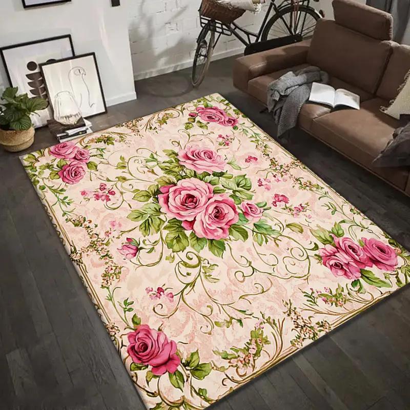 Classic Vintage Floral Rose Printed Carpet Luxurious Modern Living Room Bedroom Office Decor Non-Slip Machine Washable Floor Mat