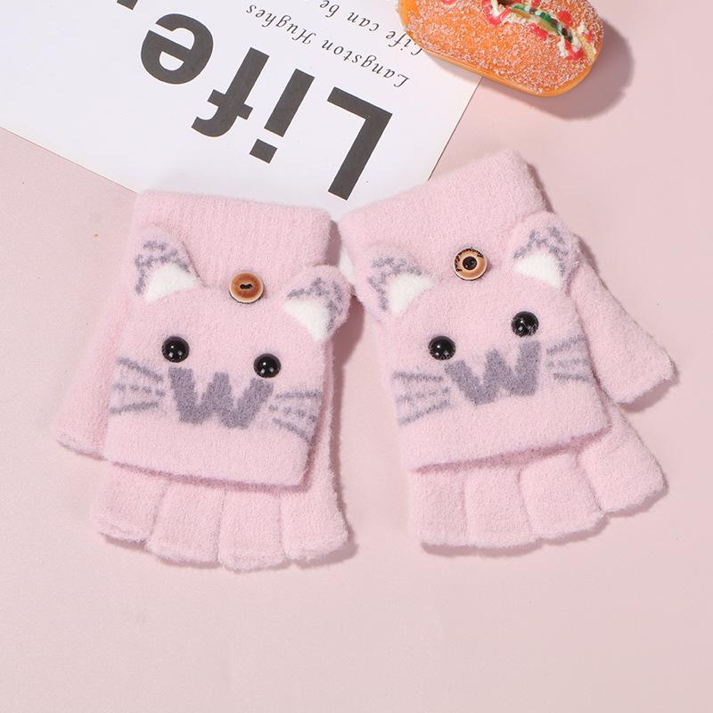 New Children's Knitted Finger Gloves Winter Boys and Girls Warm Fleece Thickened Cartoon Half Finger Flip Gloves