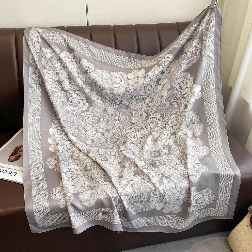 New Luxury  Floral Printed Scarf 90Cm Large Square Scarf Twill Silk Headscarf Shawl For Women Scarves