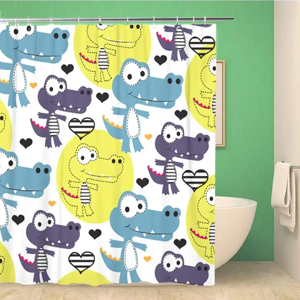 Cartoon Style Animal Shower Curtain Funny Crocodile Kids Shower Curtain Waterproof Fabric Bathroom Decor Screen with Hooks