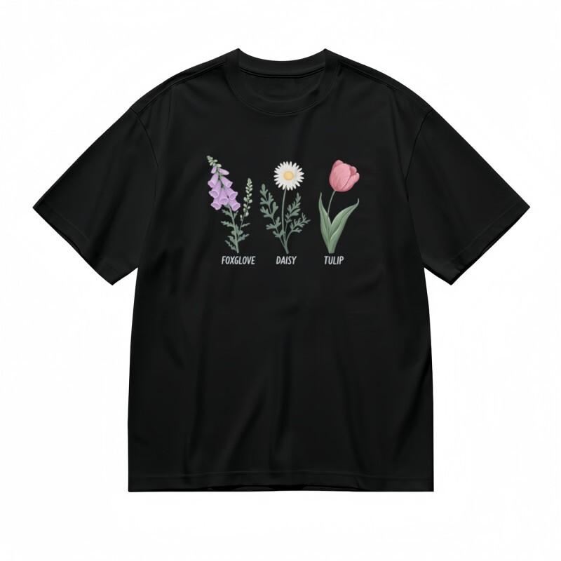 Women's Trend Classic T-Shirt Botanical Flowers Pattern With Names Graphic Tee