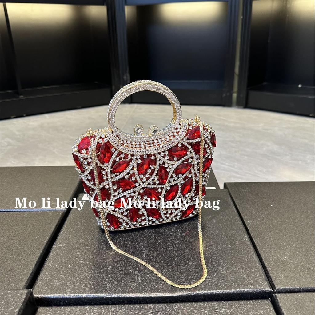 High-end party burgundy dress bag light luxury diamond-encrusted gold dinner bag women's exquisite messenger handbag