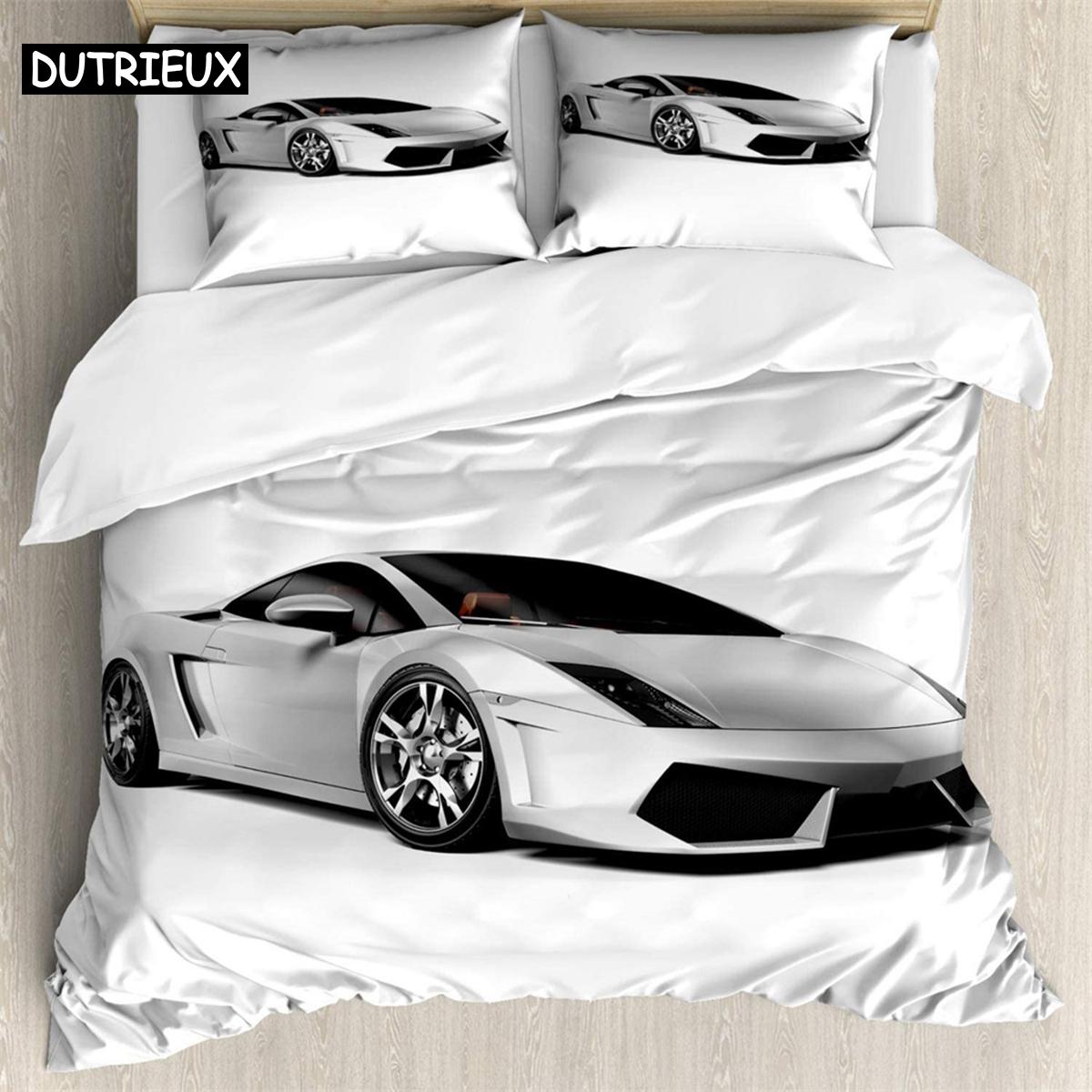 

White sports car 3Pcs Bedding Sets 3D Digital Printing Custom Quilt Duvet Cover Set Home Queen King Quilt Pillowcase (135x200cm)&set
