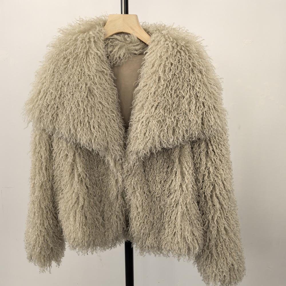 Damen Winter Kunstpelzmantel mit großem Revers - Imitation Waschbärfell