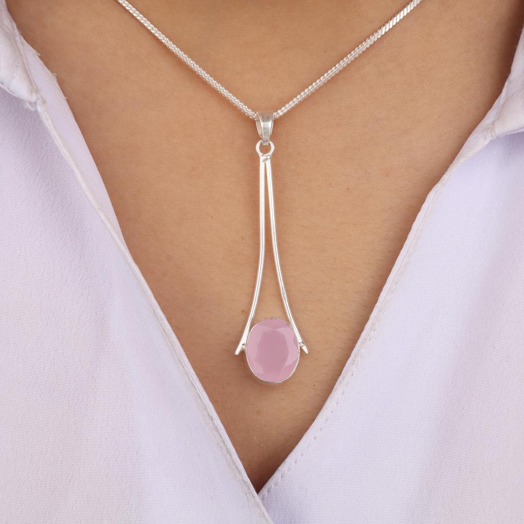 Rose Chalcedony Gemstone 925 Sterling Silver Partywear Jewelry Handmade Long Pendant 1.79" PP-69-14