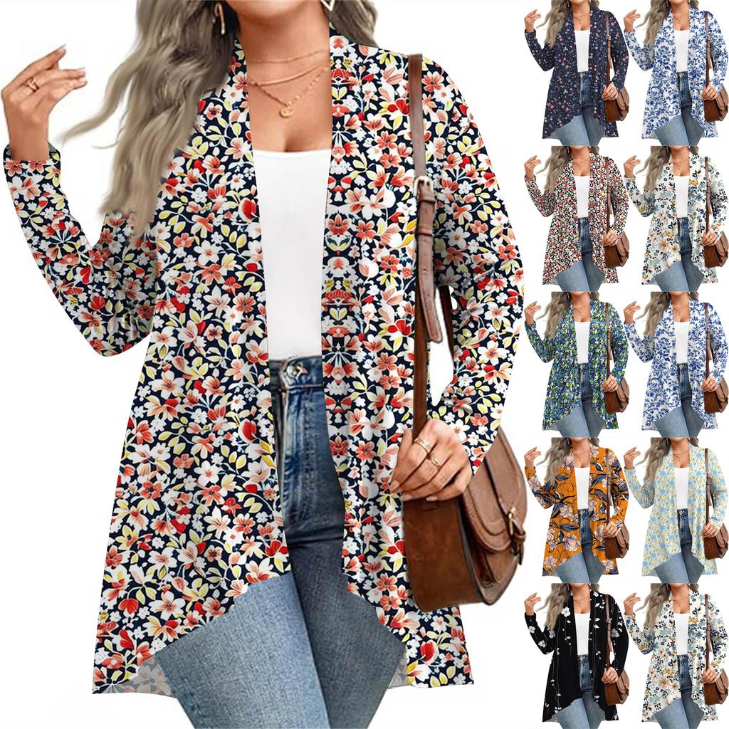 Women's Fall And Winter Fashion Casual Print Long Sleeve Mid-Length Cardigan Jacket