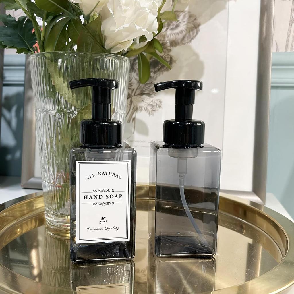 Foaming Soap Dispenser, 4 Pack Refillable Foam Soap Dispenser (Dark Grey) with 20 Pcs Waterproof Labels, Plastic Hand Soap Dispenser Pump Bottle