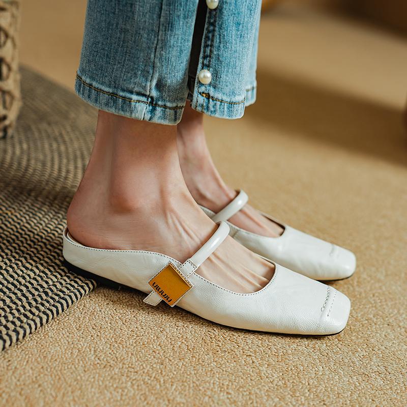 Mode 2024 Sommer Damen Pantoletten Echtes Leder Schuhe für Damen Zehen bedeckt Niedriger Absatz Slipper Quadratische Zehen Sandalen Interne Erhöhung Schuhe