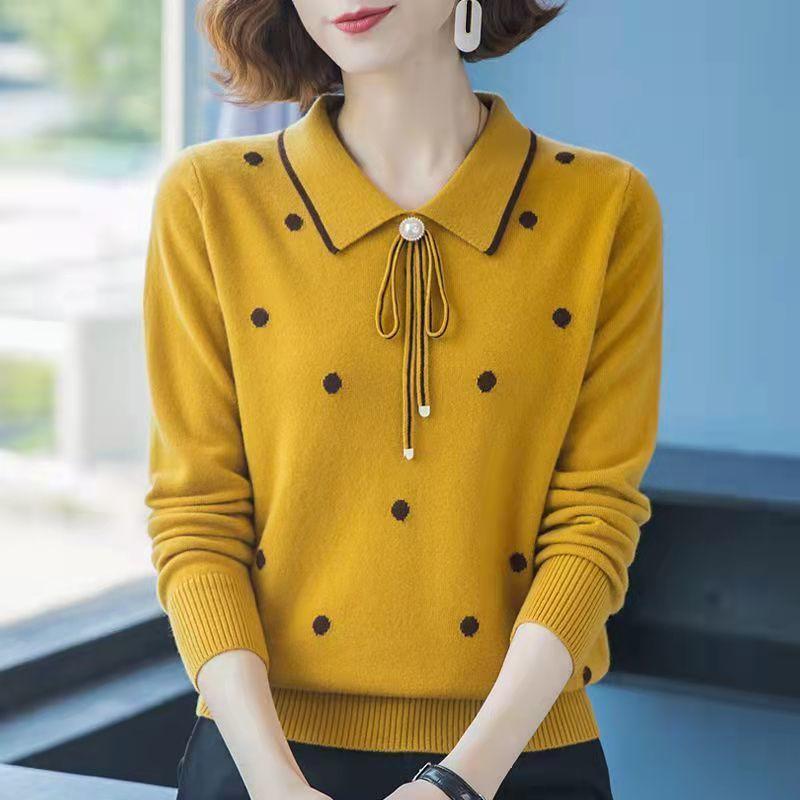 Spring and Autumn Middle-aged Mothers Wear Tops, Pullover Lapels, Western-style Sweaters, Knitwear, All-match Bottoming Shirts