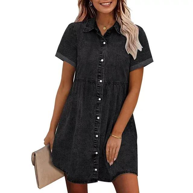 Washed Denim Ruffle Mini Dress with Turn-Down Collar 2XL