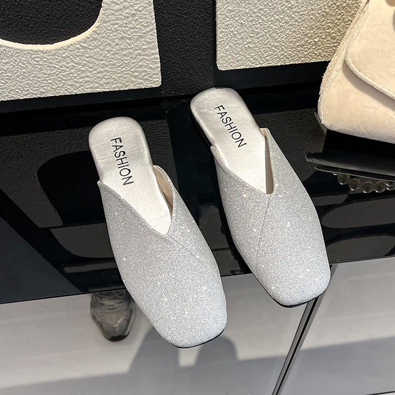 

Fashion Square-toed, Half-flip-flops for Summer Women Wearing 2025 New Sequined Soft Flat One-foot Muller Flip-flops 43 серебряный