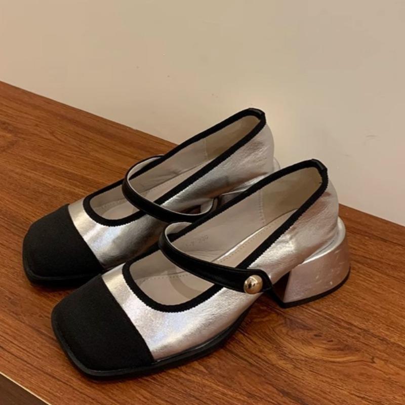 

Весна Новые Туфли на Толстом Каблуке Одинарные Женские Квадратный Носок Мелкий Вырез Сплайсинг Пряжка-Слово Нескользящие Туфли с Низким Верхом 39 серебряный