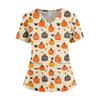 Womens V Neck Halloween Print Medical Scrub Top with Pockets Side Slits Short Sleeve Work Shirt for Healthcare Professionals