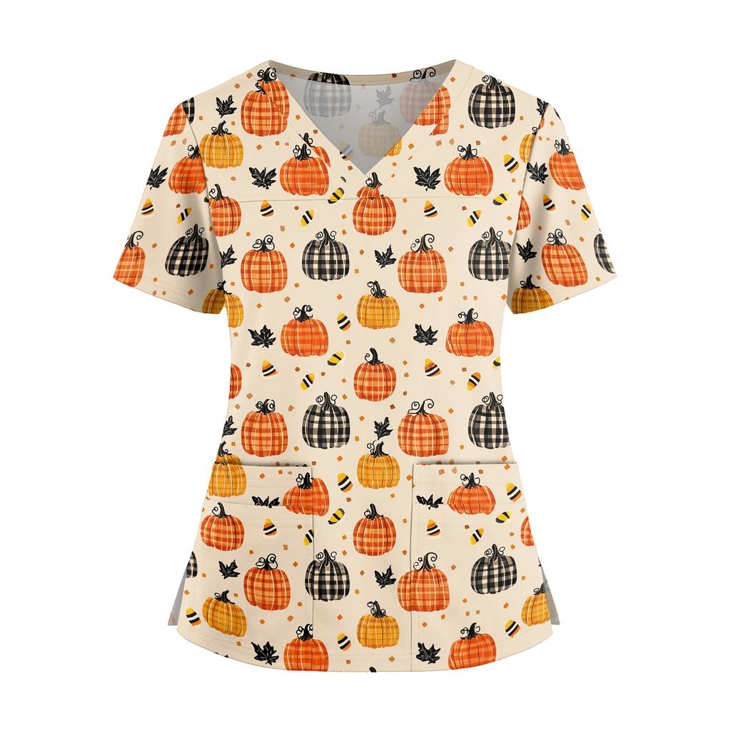 Womens V Neck Halloween Print Medical Scrub Top with Pockets Side Slits Short Sleeve Work Shirt for Healthcare Professionals
