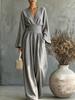 2026 Women's Solid Color V-Neck Waist Jumpsuit Long Sleeve High Waist Skinny Wide Leg Pants Vacation Set