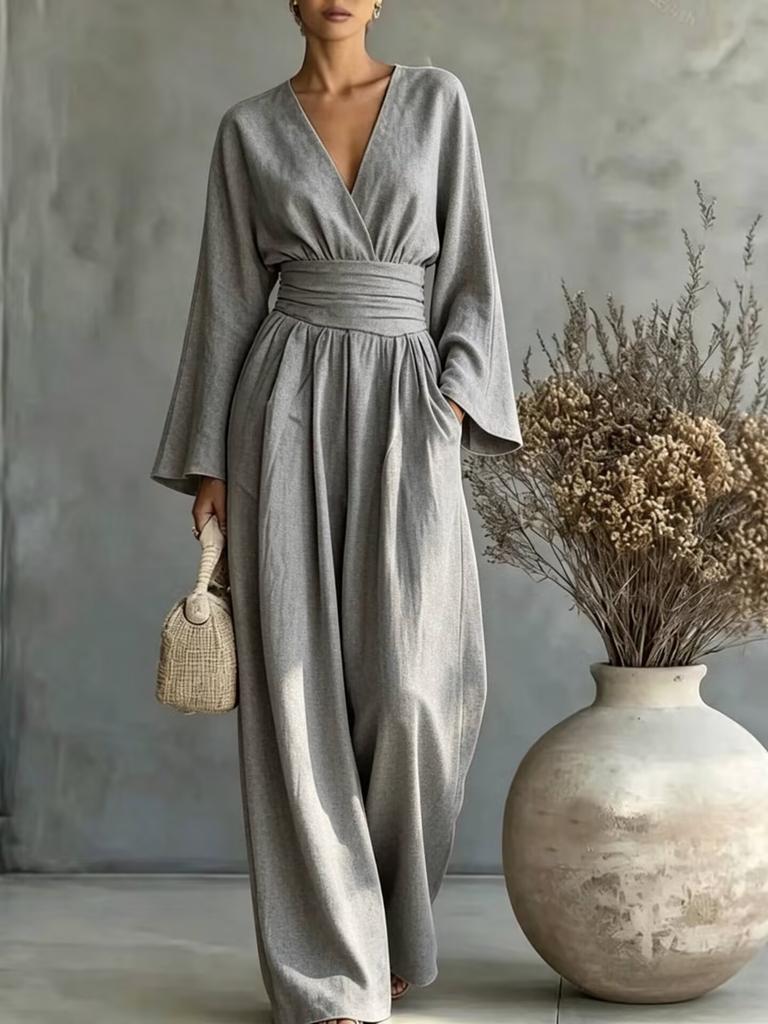 2026 Women's Solid Color V-Neck Waist Jumpsuit Long Sleeve High Waist Skinny Wide Leg Pants Vacation Set