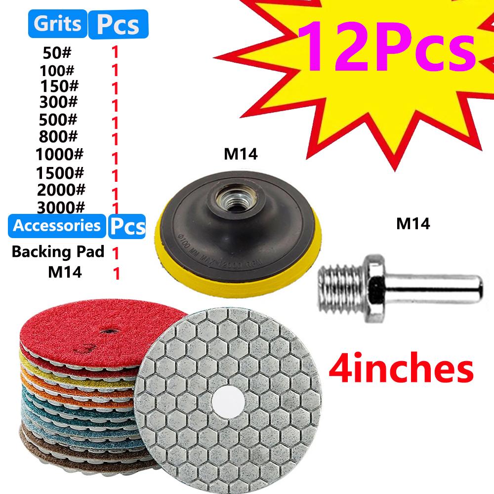 10/12Pcs 4 inch Diamond Polishing Pads Dry/Wet Buff Disc Abrasive for Sanding Granite Quartz Tile Glass Grinding Tools