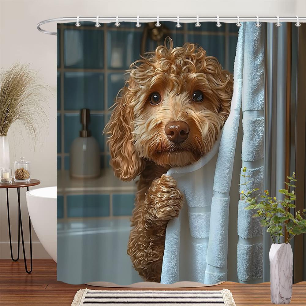 

Adorable Poodle Puppy Art Shower Curtain - Creative Realistic Dog Design - Indoor Home Bathroom Decor Art Bath Curtain W60H190(CM)-1 Pcs