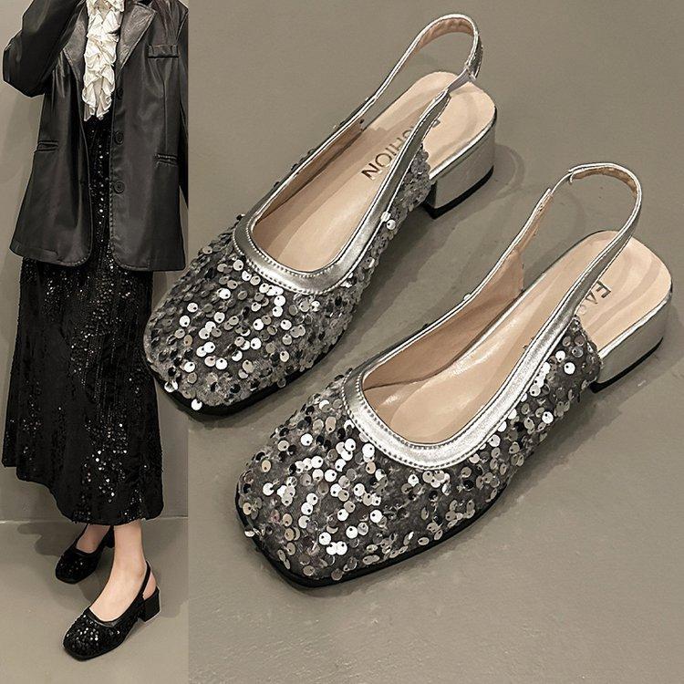 French temperament fairy high heel evening shoes spring and autumn new Korean version gentle silver thick heel bag head sandals female summer