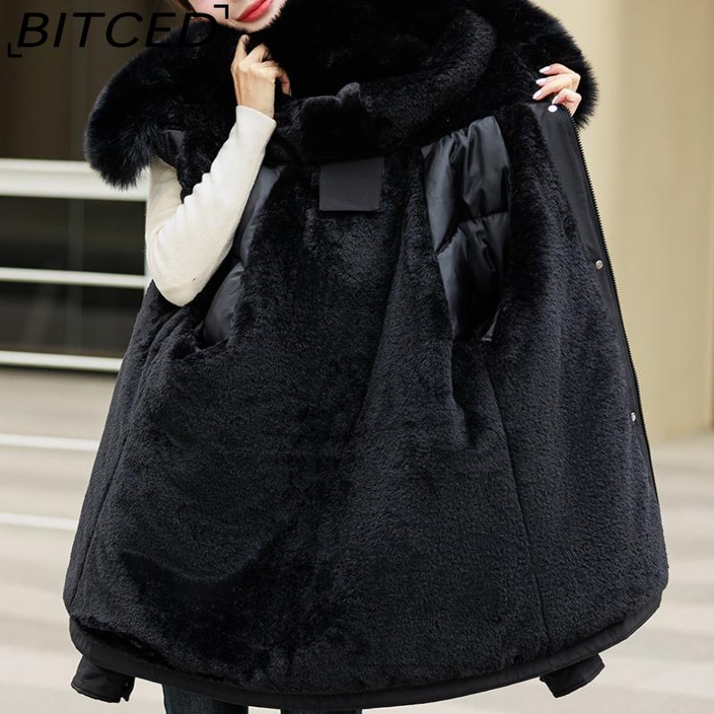 BITCED Fleece-Lined Thickened Down-Filled Cotton Coat for Women - Short Style Autumn/Winter Waist-Defining Design with Large Fur Collar