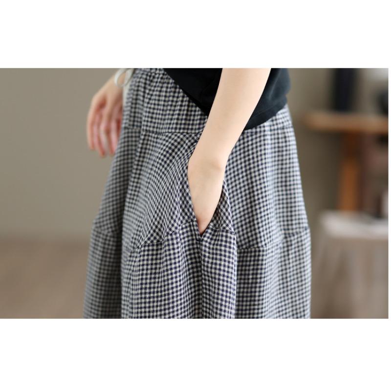 DIMANAF 2026 Summer New Plus Size Women Long Pants Cotton Vintage Loose Elastic Waist Casual Lady Bottoms Print Plaid Black