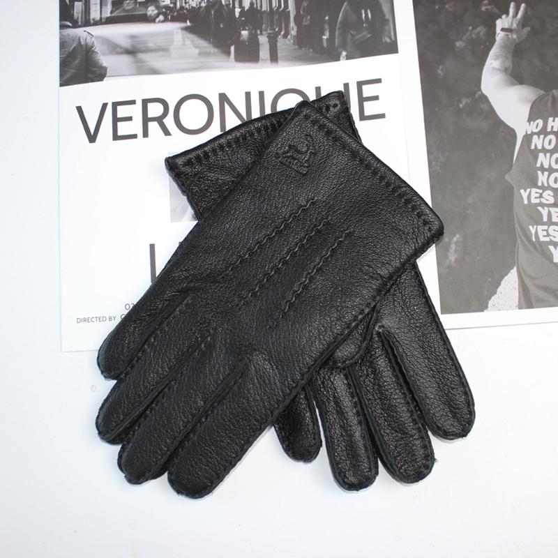 New Men's Deerskin Gloves Touch Screen Hand Sewn Classic Fashion Corrugated Breathable Wool Knit Lining Warm Driving Gloves