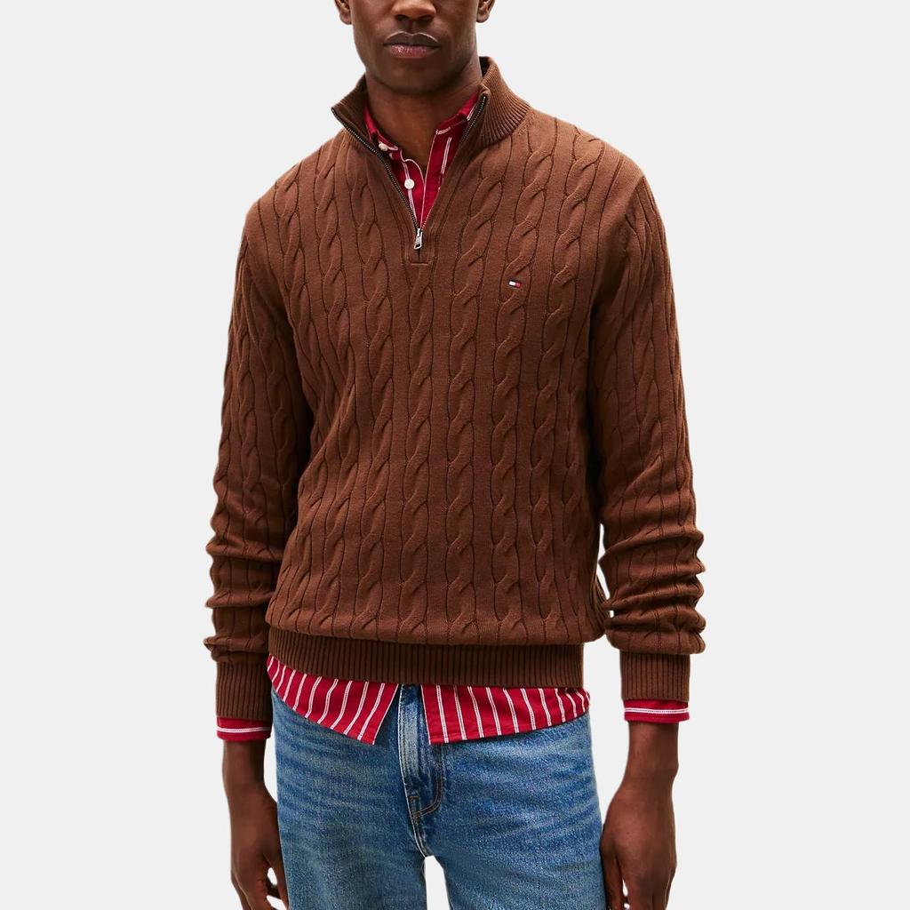 Tommy Hilfiger Cable Knit Half-Zip High Neck Design Comfortable Versatile Fashion Pullover Sweater Men Sweater XM05669-GV0