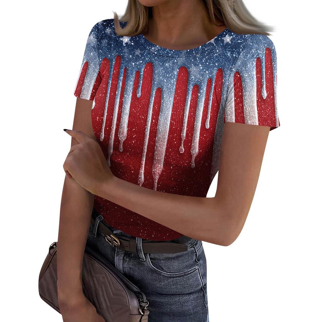 Women's Casual Fashion Round Neck Independence Day Print Short-Sleeve Ribbed Top