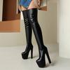 Великого розміру Висока Водонепроникна Платформа Супер Високий Порожнистий Товстий Каблук Сексуальні Еластичні Чоботи з ПУ Задня Блискавка Плюшева Підкладка Зимові Довгі Чоботи