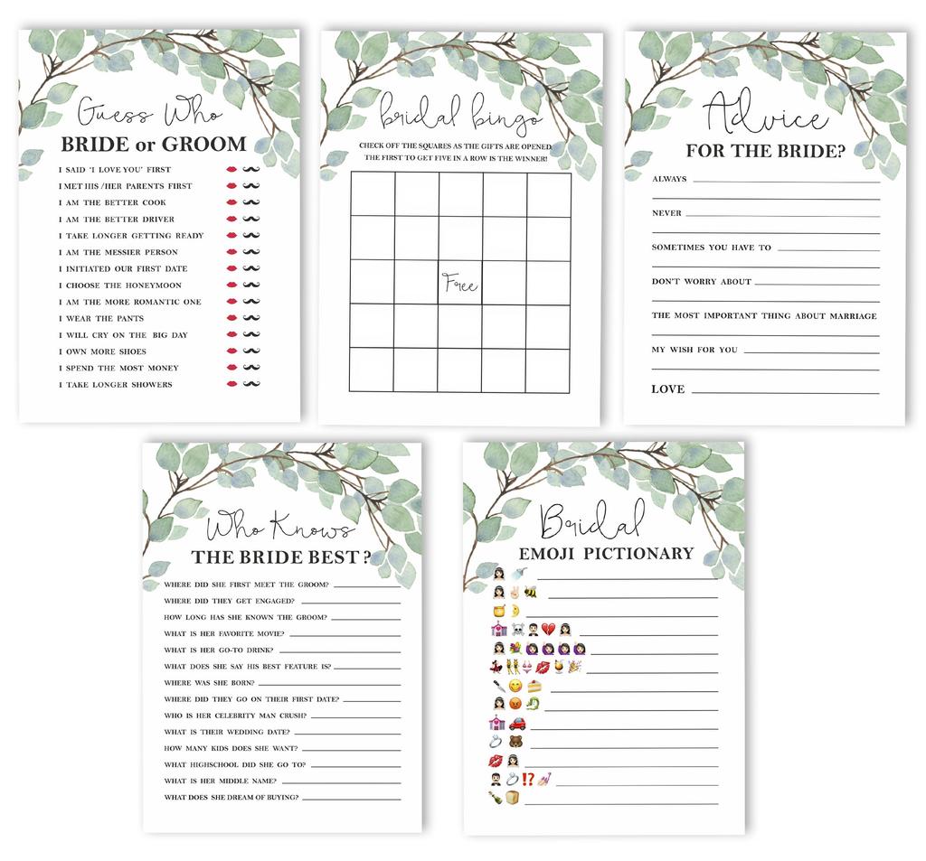 INKDOTPOT Greenery Theme Bachelorette Party Games Set of 5 (Activities for 50 Guests) Fun Bridal Shower Games Set Bundle