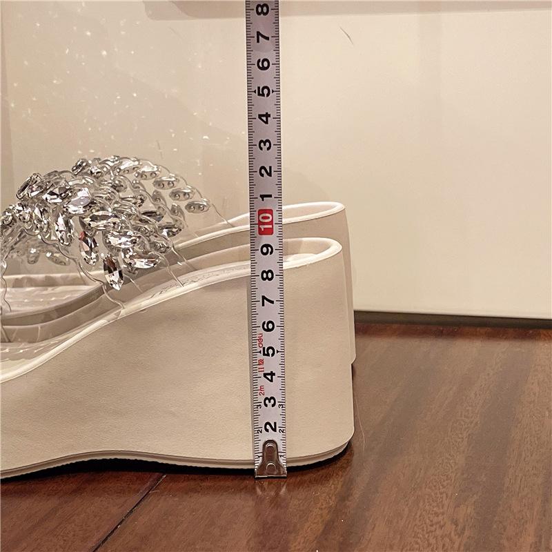 2025 new slippers women's summer fashion versatile outer wear heightened thick bottom slope heel rhinestone premium high heel cool slippers