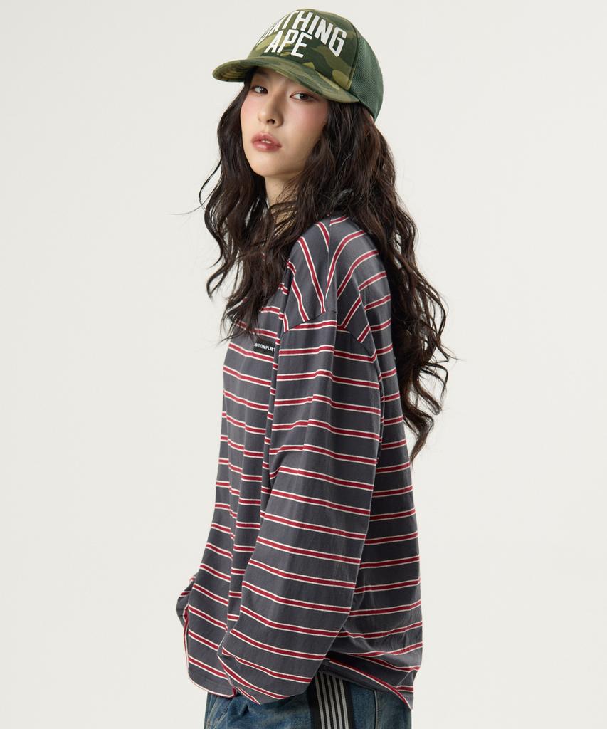 UNKNOWN PLANET Ivy Stripe Round Long Sleeve T-Shirt Gray