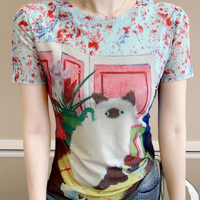 Chic Short Sleeve Women's T-Shirts Clothes Fashion Elastic Slim Summer Tops Classic Print Casual Tees Blouse