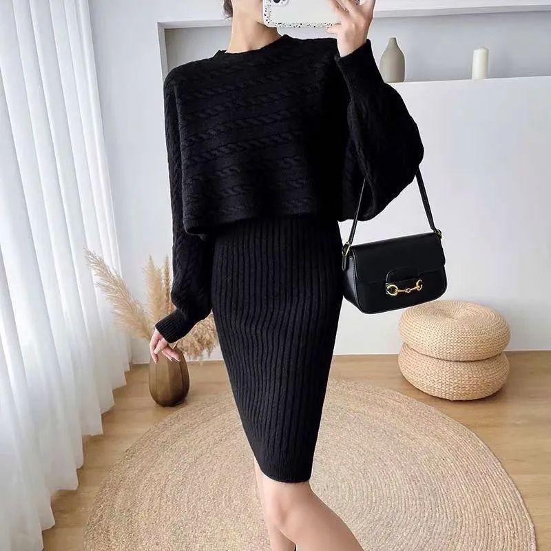 French style western-style sweater two-piece set thickened autumn and winter base dress fashionable knitted suspender dress