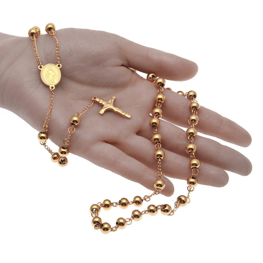 Trendy Hip Hop Necklace Gold Plated Stainless Steel Beaded Cross Necklace Hipster Street Accessories