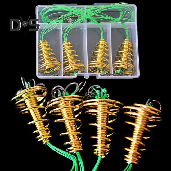 4Pcs/Set Trap Fishing Hook with Spring Carp Feeder Tangle-Free Heavy Duty Green Line Metal Barbed Fish Hook Rig Carp Fishing Accessories