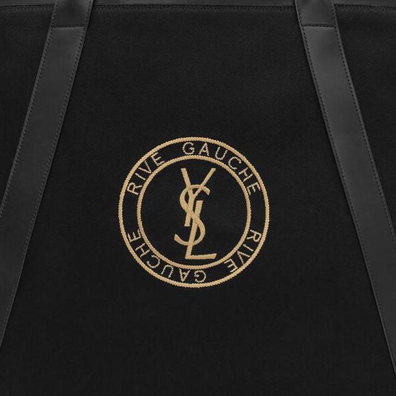 Saint Laurent Ysl Badge Embroidered Solid Color Fabric And Leather Tote Bag Men Tote Bags Black 780096-FAC3I-1075