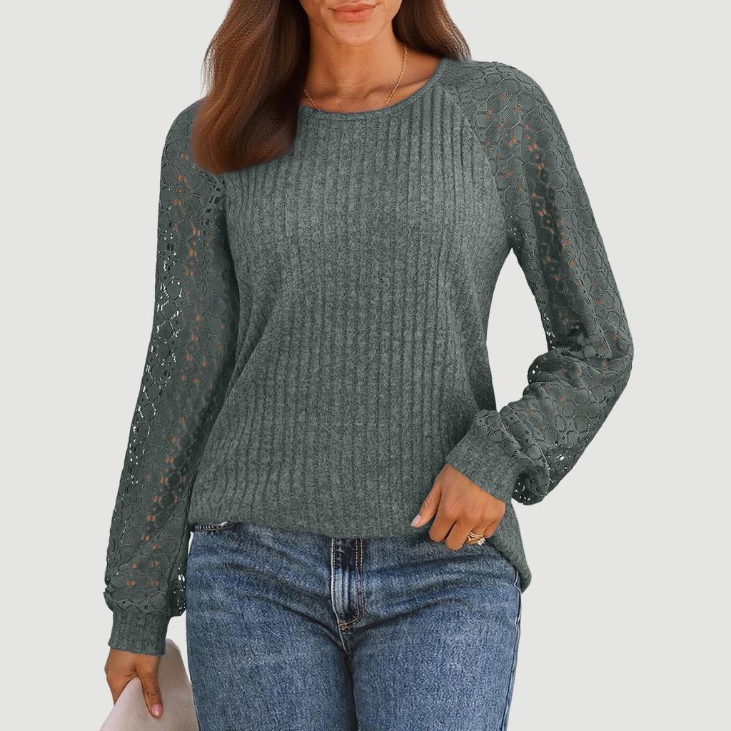 Women's Round Neck Loose Peplum Knit Patchwork Hollow Out Long Sleeve Top