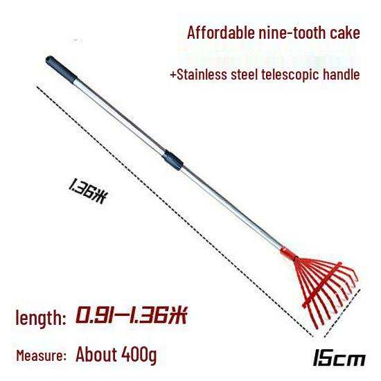 Garden Rake with Long Wooden Handle for Lawn and Leaves