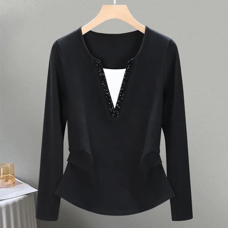 WTEMPO Frühling Herbst Reine Baumwolle V-Ausschnitt Langarmshirts Damen Hochwertig Stilvoll Locker Übergröße Einfarbig Oberteile