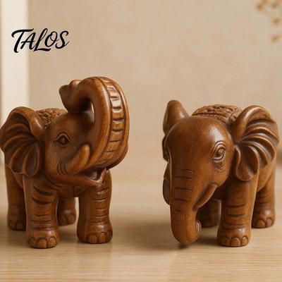 Compact Shelf Statue Elephant Figurine Ornament, Resin Wood Grain Statue, Auspicious Traditional Chinese Craft Animal Sculpture for Home Office Living