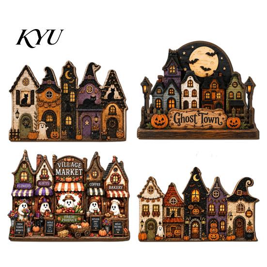 Rustic Home Hanging Sign Halloween Wooden House Pendant with Hemp Rope for Wall Door Decorative Wood Craft Decoration, Haunted Castle Ornaments