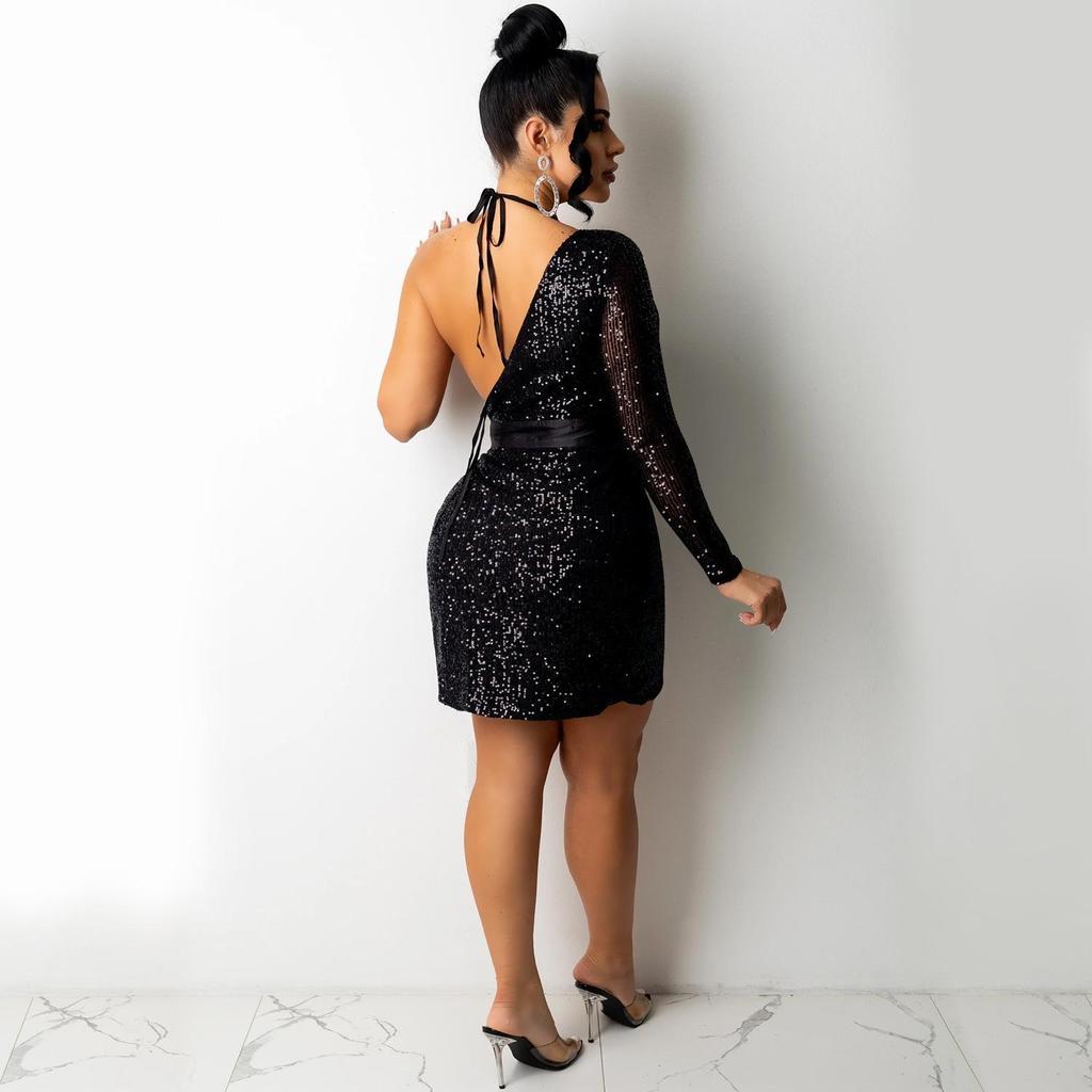 X5307 Women's Sexy Sequin Irregular Club Dress