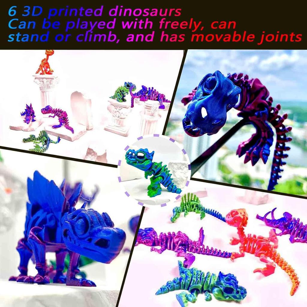 6pcs 3D Printed Dinosaur Skeletons, T-Rex Triceratops Spinosaurus Fidget Toys,3D Printed Dragon Animals Toys,Dragon Fidget Toy Kids Girl,Dinosaur
