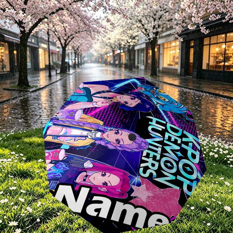 Custom Name Personalized KPop Hunters Print Umbrella, Auto Open Close, 8‑Rib Sturdy Frame, Commute Camping Hiking Use, Birthday Gift